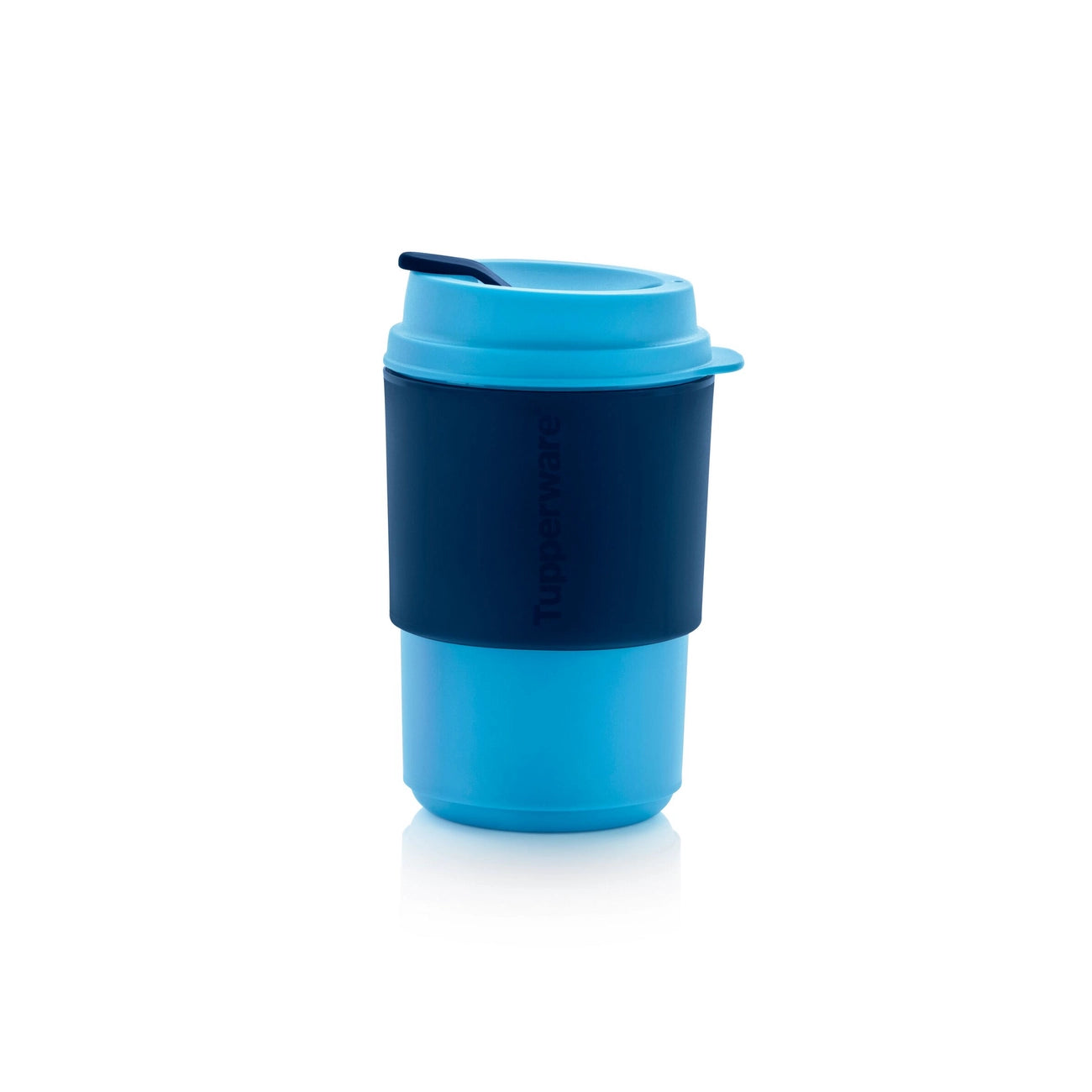 Eco+ Kaffeebecher 350 ml von der Marke Tupperware in der Farbe Blau-Dunkel Blau /  in Trendiger Farbkombination / Umweltfreundlich & Nachhaltig  / Banderole schützt die Finger vor der Hitze und sorgt für einen guten Griff / Perfekt für den Alltag / Hier direkt online kaufen 