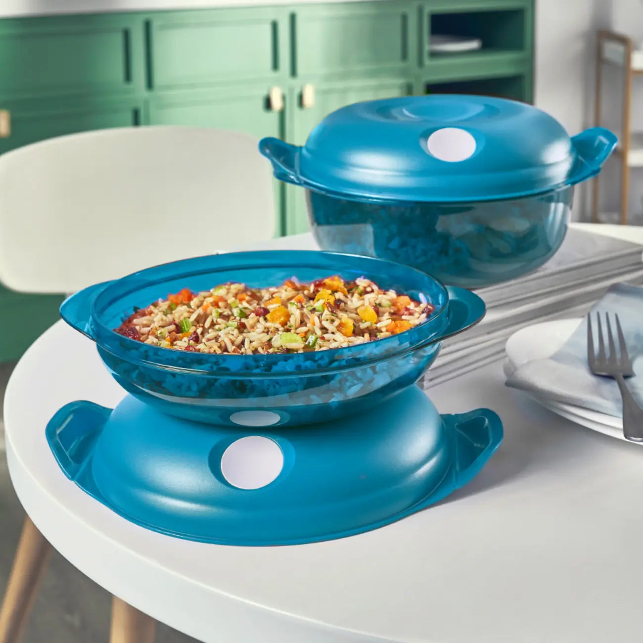 Tupperware Mikro-Fix 700 ml, rund Blau Mikrowellengeschirr aus Kunststoff zum Erwärmen von Speisen