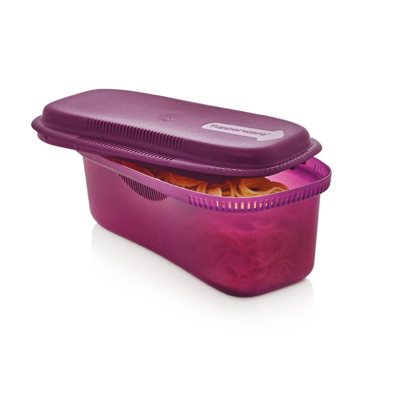Mikro-Pastameister 1,9 L von der Marke Tupperware / in der Farbe Lila / Pasta in wenigen Minuten aus der Mikrowelle / Ideal für schnelles und Gesundes last Minute Essen / zum Kochen, Abseihen, Schwenken und Servieren / hier online kaufen