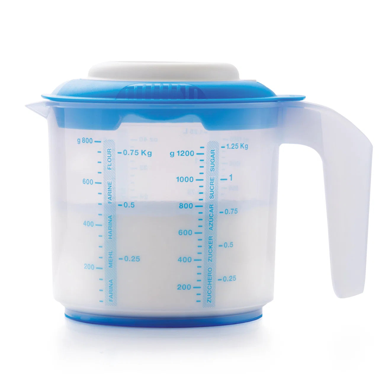 Rühr Mix 1,25 L Messbecher von der Marke Tupperware / in der Farbe Blau / zum Messen, mixen und rühren / inklusive Spritzschutzdeckel / mit Anti- Rutschring / Rührlöffelhalterung im Griff / Hier direkt online kaufen