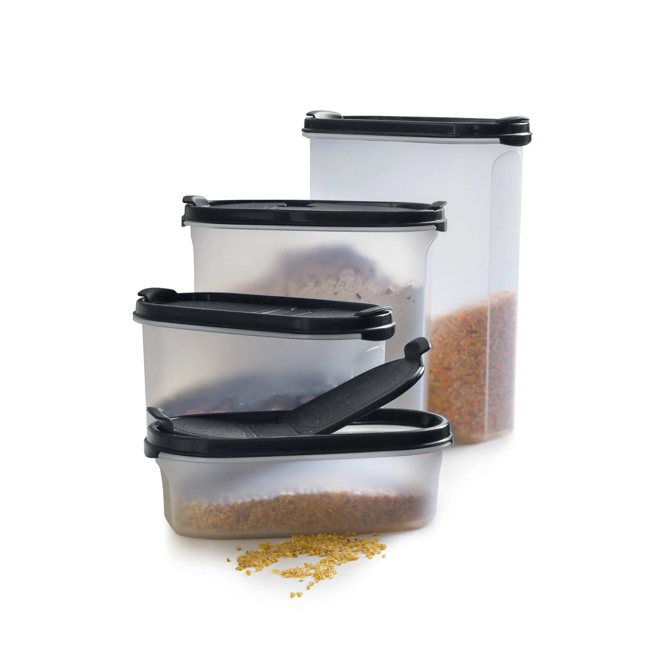 Eidgenosse 2,3 L von der Marke Tupperware / Deckelfarbe Schwarz mit 2 Schüttklappen / oval / mit Transparenten Sichtfenster für mehr Übersicht / runde Form für platzsparende Aufbewahrung / dichtschließender Deckel / modular Stapelbar / Vorratsdose / Lebensmittelaufbewahrung / Hier direkt online kaufen 