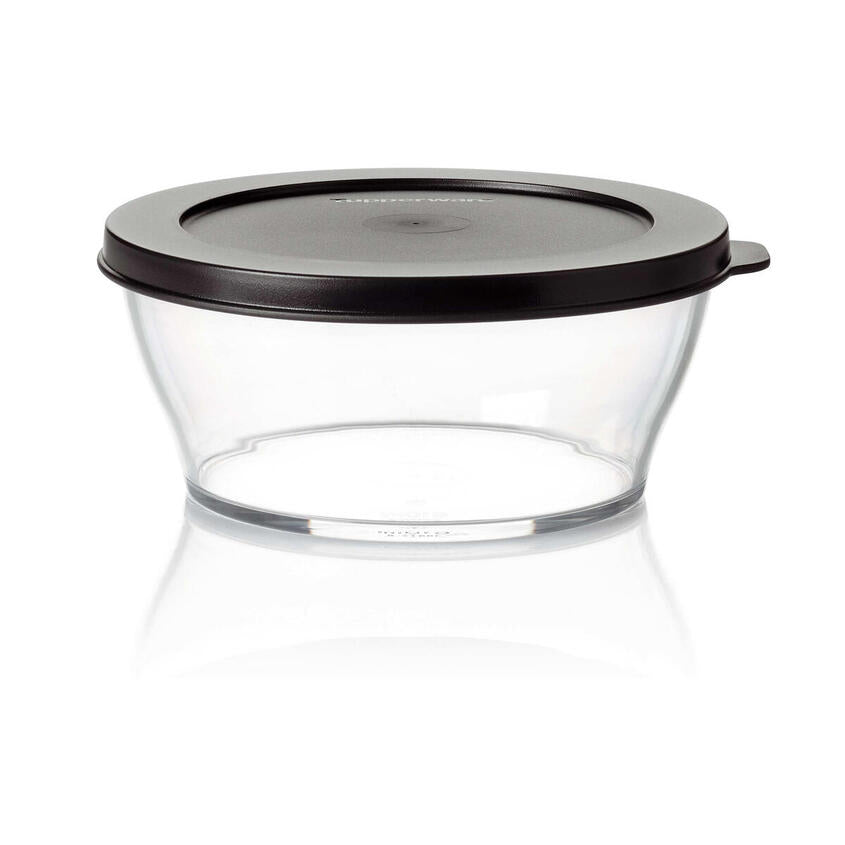 Clear Collection 810ml Servierschüssel mit Deckel von der Marke Tupperware / Schüssel in Glasoptik mit Schwarzen Deckel / luft- und Wasserdichter Deckel / Schüsseln und Deckel der Clear Collection lassen sich platzsparend ineinander Stapeln / aus recyceltem Eco+ Material / elegante Servierschüssel / Hier direkt online kaufen
