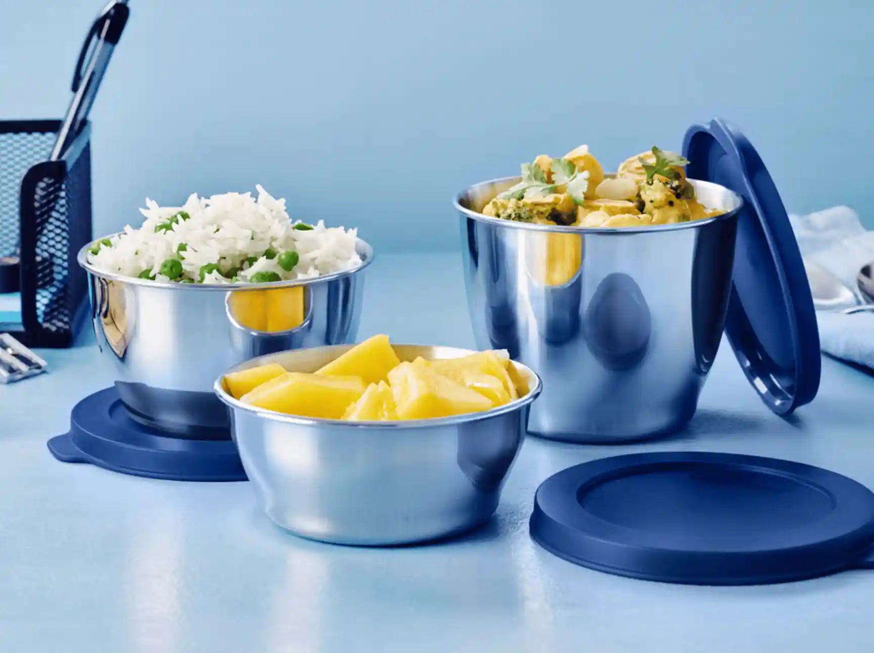 Clear Line Tiffen Schüsseln aus Edelstahl von der Marke Tupperware / Edelstahlschüsseln mit Luft und Wasserdichtem Deckel / Hier direkt online kaufen